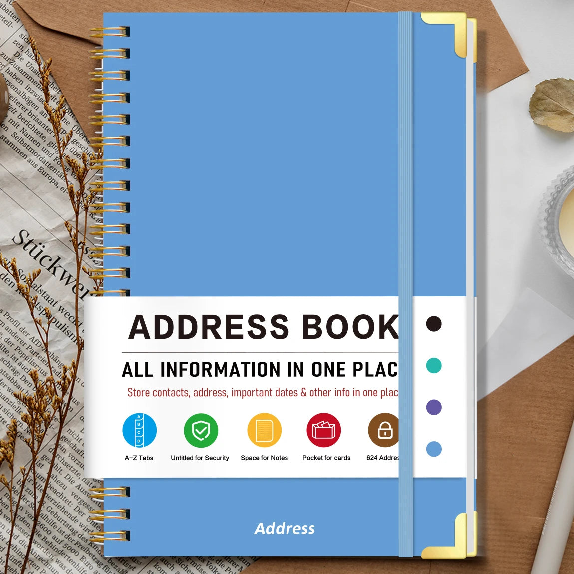 1PC Blue A5 Address Book USA Spiral Hardcover Contact Keeper with A-Z Tabs, Elastic Closure, Pocket & Notes Pages