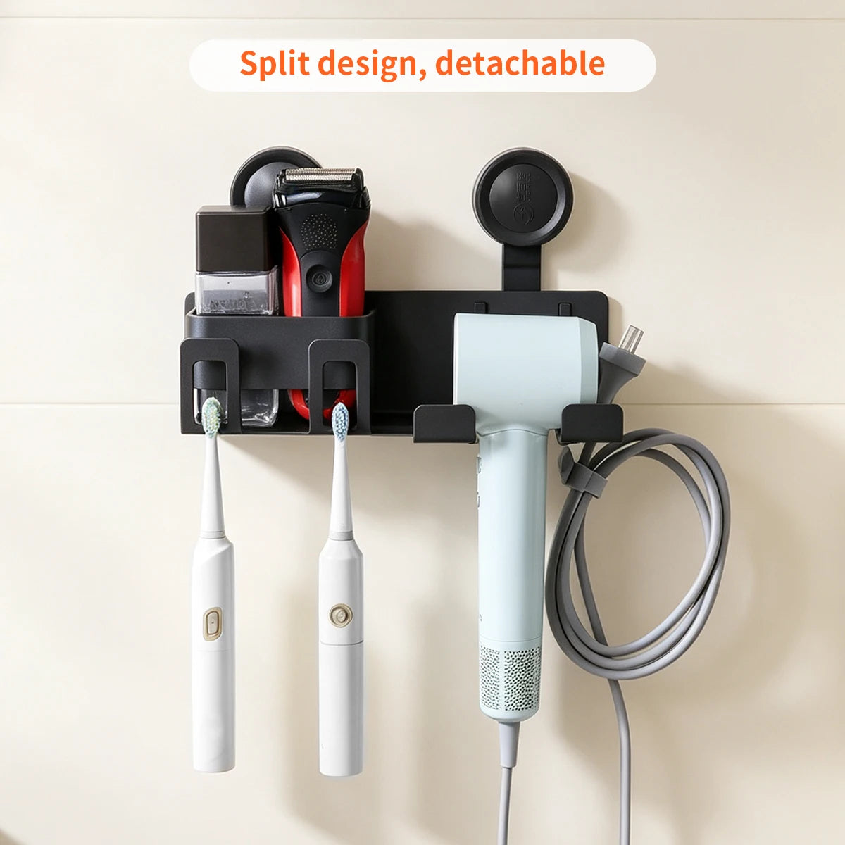 Wall-Mounted Suction Cup Hair Dryer Stand USA with Toothbrush Holder, No-Drill Bathroom Storage Rack & Organizer