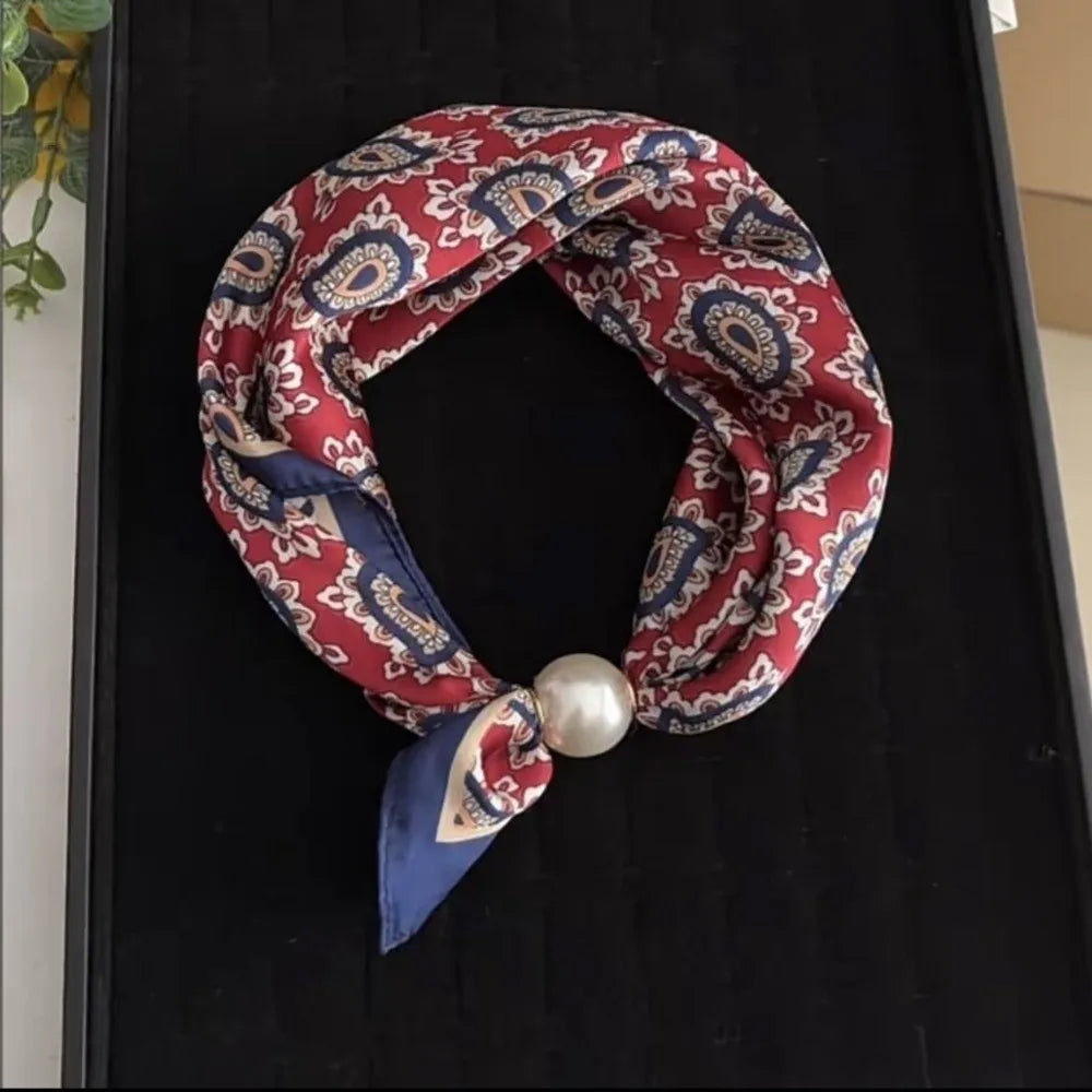 New Pearl Buckle Silk Scarf Canada Printed Thin Neck Scarf Lightweight Soft Neckerchief for Women
