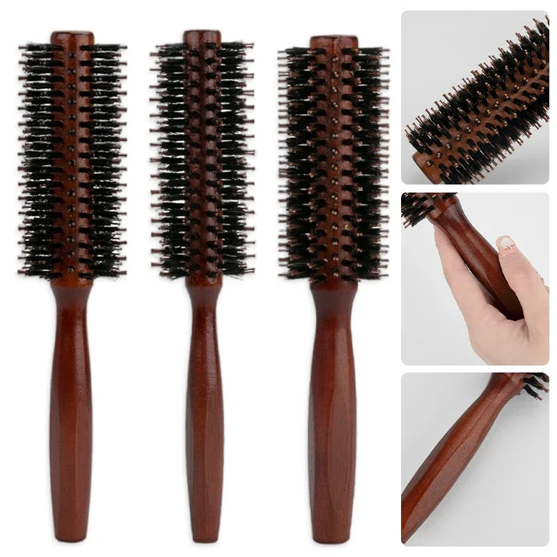 Boar Bristle Curly Hair Brush USA Women’s Wooden Anti-Static Roller Hairbrush for Barber, Salon Styling & Hairdressing Tools