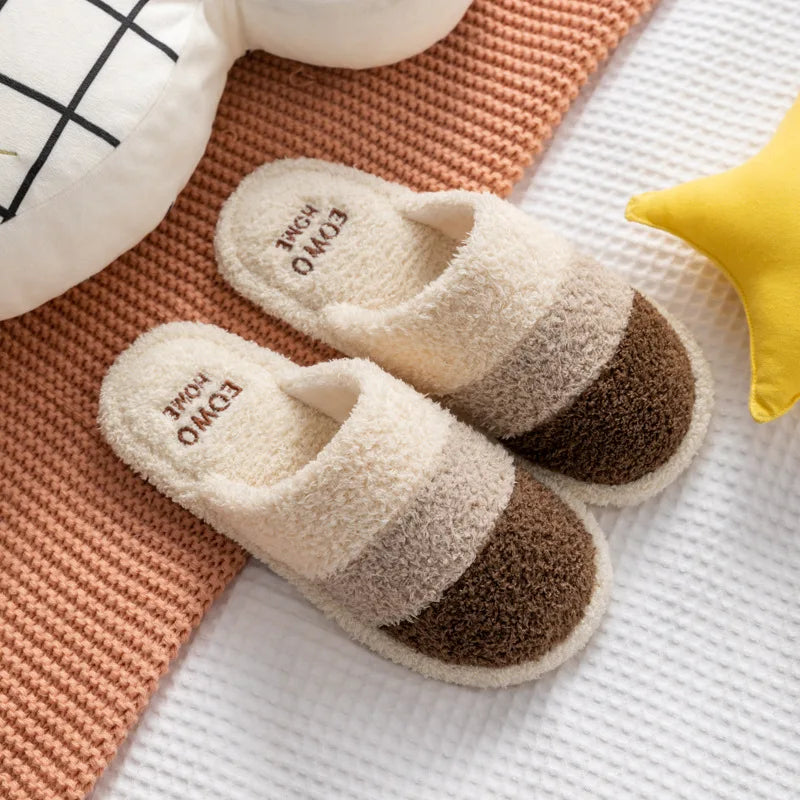 Non-Slip Plush House Slippers USA Women & Men Winter Couple Fuzzy Slippers, Thick-Sole Fleece-Lined Warm Indoor Booties