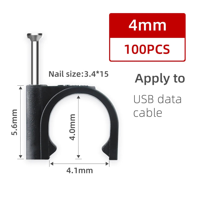 100PCS Round Cable Wire Clips Canada 4mm 6mm 8mm 10mm Cable Management Electrical Cord Holders Wall Nail Clips Black