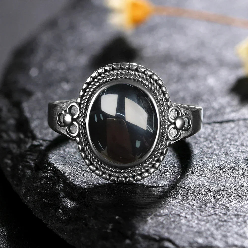 USA Sterling Silver 925 Vintage Rings Oval 8X10mm Rings Black Onyx Natural Fine Jewelry For Men Women Rhodochrosite Rings