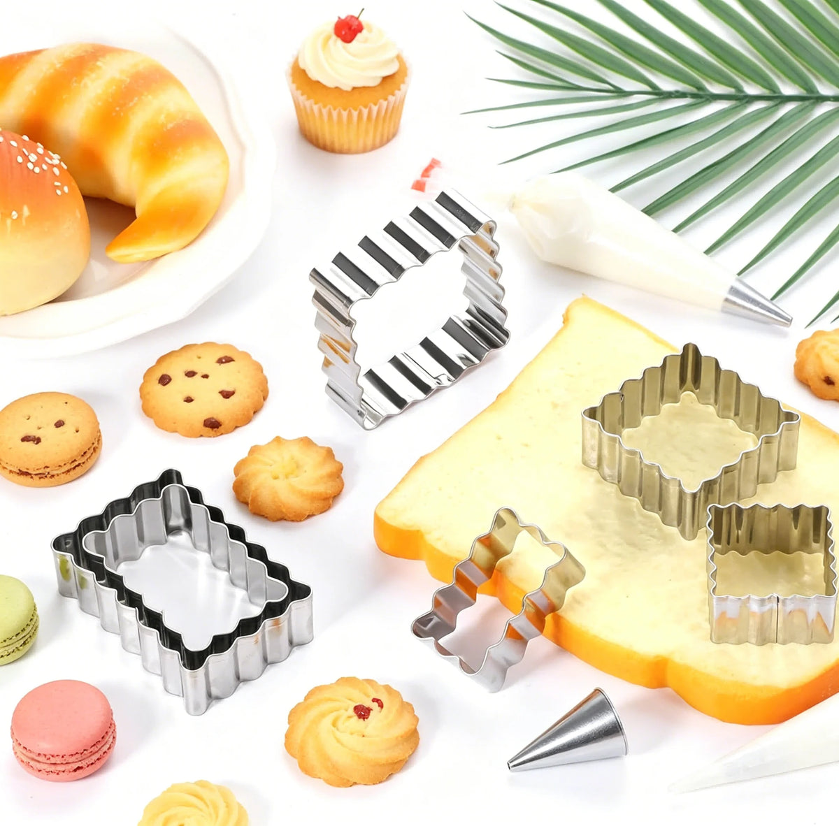 6PCS Cookie Cutter Set USA Food-Grade Stainless Steel Scalloped Square & Rectangle Shapes, Sandwich & Fondant Molds for Home Baking