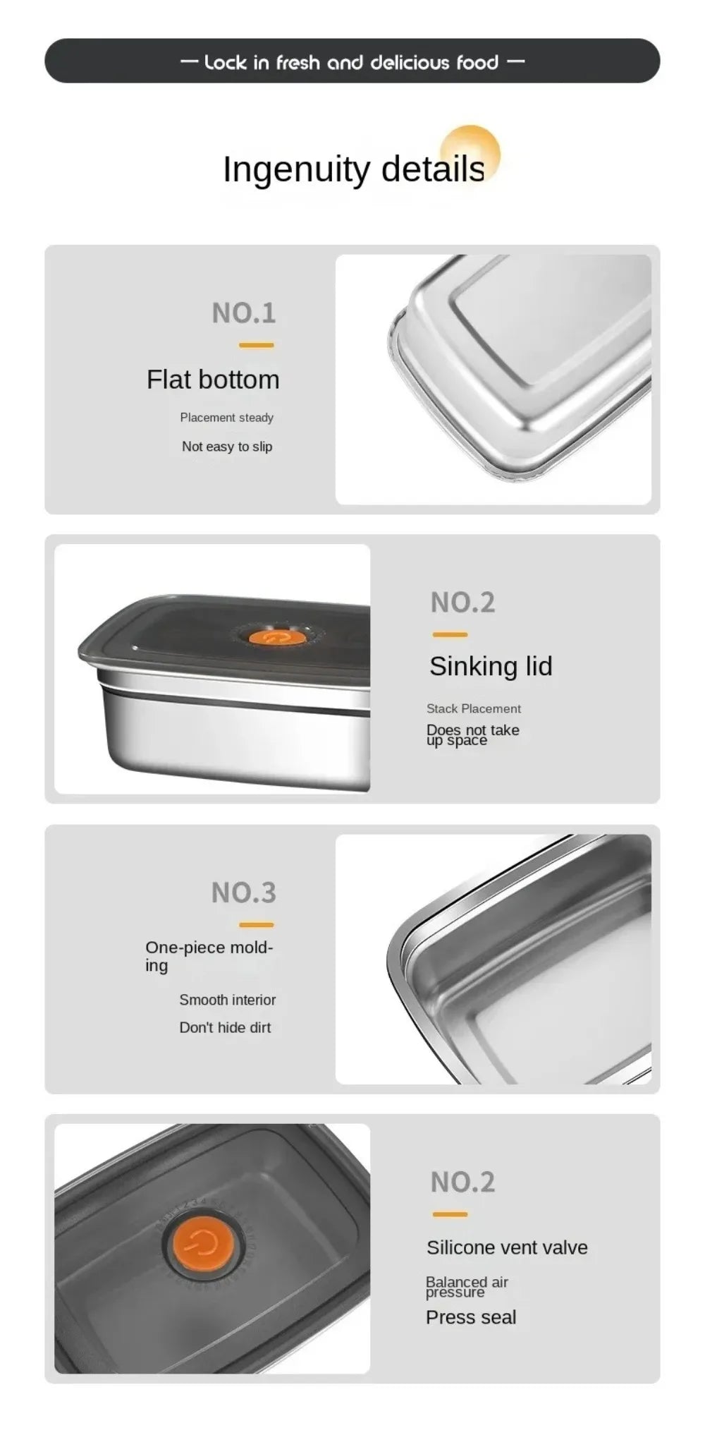 Stainless Steel Camping USA Lunch Box Sealed Microwave Suitable Bento Box Leak-proof Large Capacity Refrigerator Freezer Storage Box