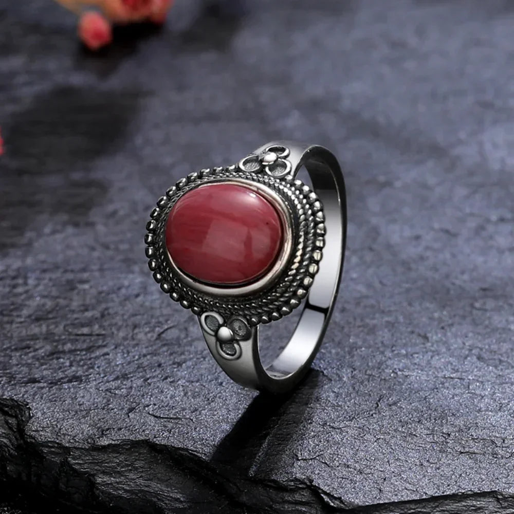 USA Sterling Silver 925 Vintage Rings Oval 8X10mm Rings Black Onyx Natural Fine Jewelry For Men Women Rhodochrosite Rings