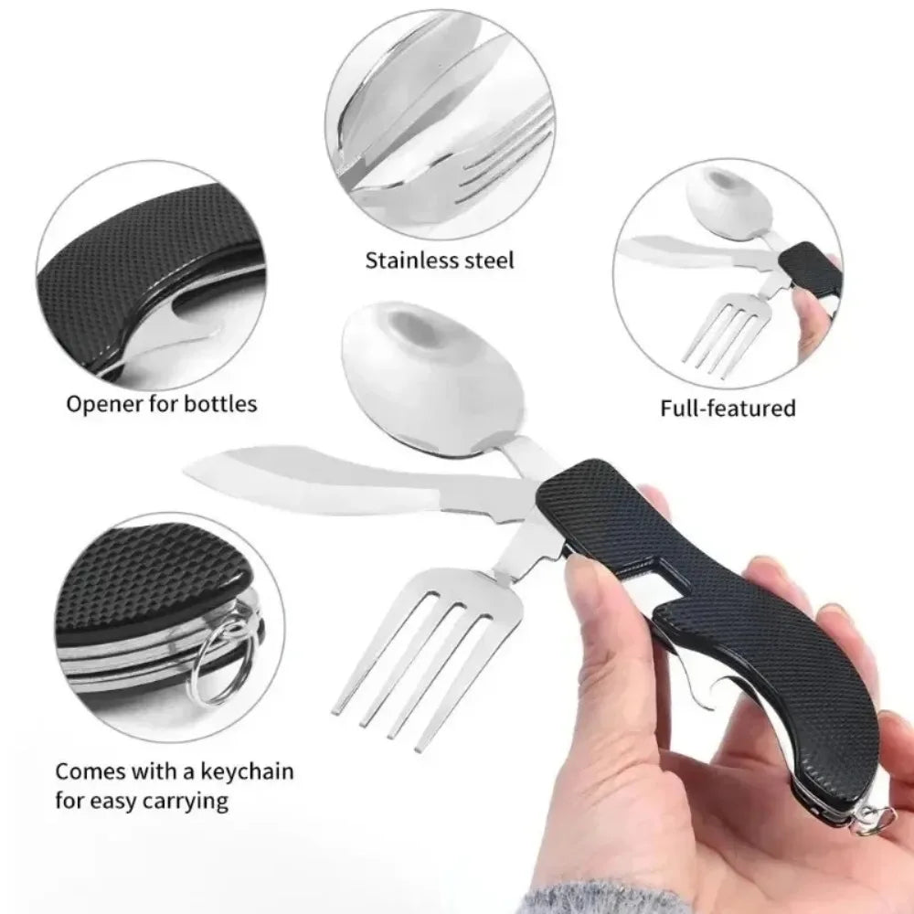 4-in-1 Foldable USA Cutlery Set, Stainless Steel Camping Utensil with Knife Fork Spoon Bottle Opener, Portable for Outdoor Travel