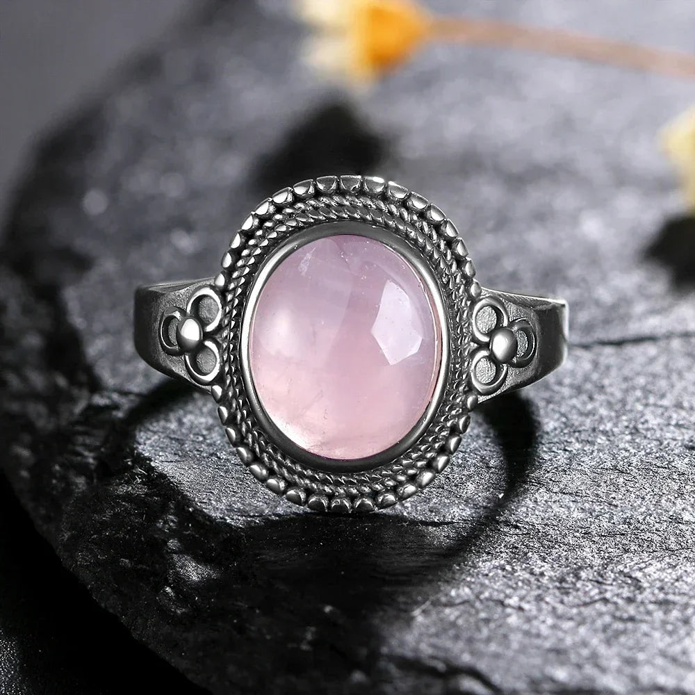 USA Sterling Silver 925 Vintage Rings Oval 8X10mm Rings Black Onyx Natural Fine Jewelry For Men Women Rhodochrosite Rings