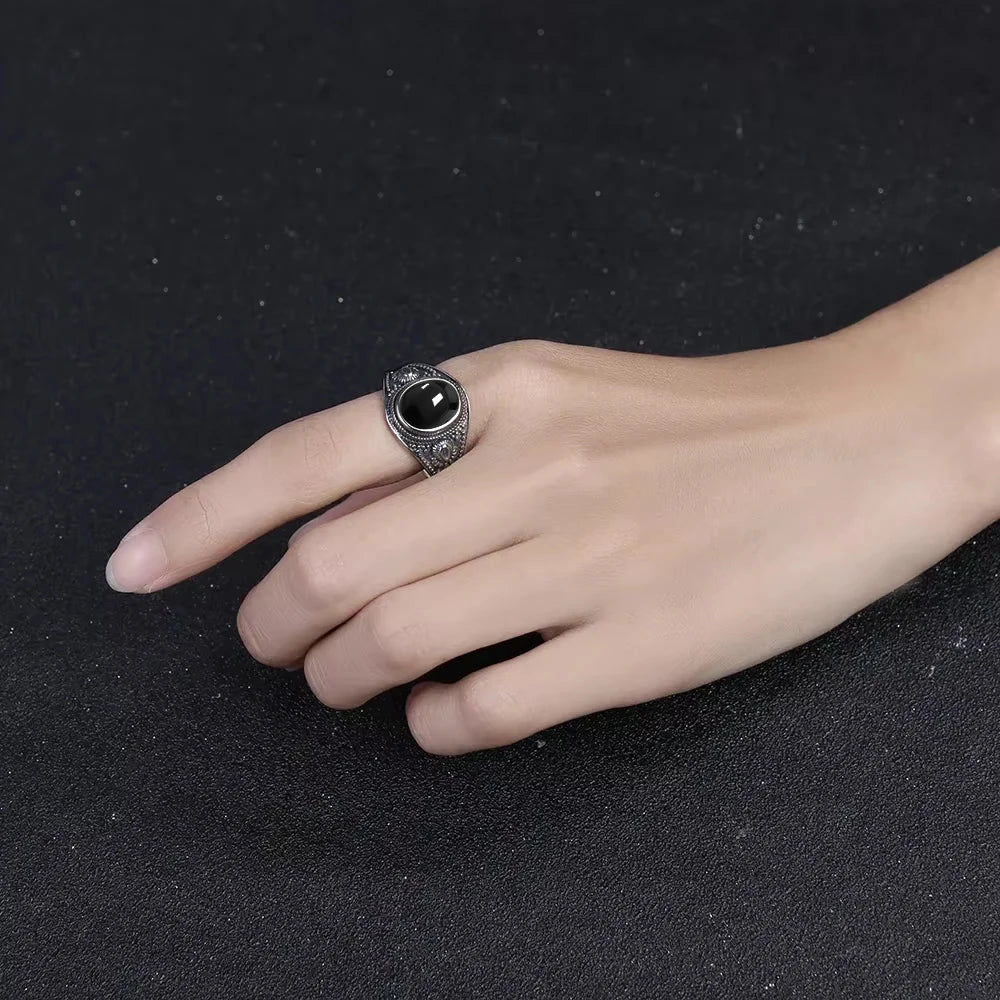 USA Sterling Silver 925 Vintage Rings Oval 8X10mm Rings Black Onyx Natural Fine Jewelry For Men Women Rhodochrosite Rings