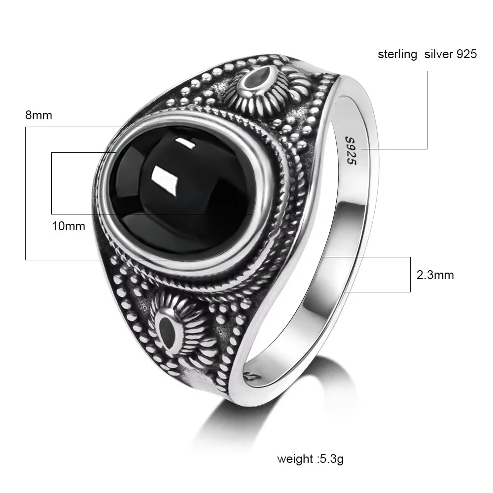 USA Sterling Silver 925 Vintage Rings Oval 8X10mm Rings Black Onyx Natural Fine Jewelry For Men Women Rhodochrosite Rings