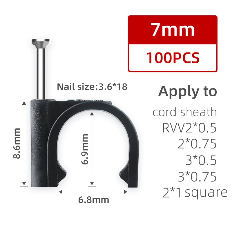 100PCS Round Cable Wire Clips Canada 4mm 6mm 8mm 10mm Cable Management Electrical Cord Holders Wall Nail Clips Black