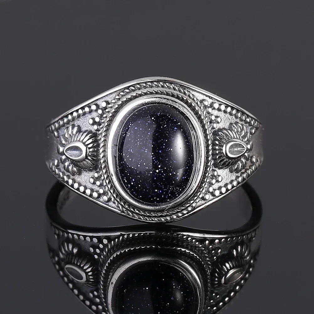 USA Sterling Silver 925 Vintage Rings Oval 8X10mm Rings Black Onyx Natural Fine Jewelry For Men Women Rhodochrosite Rings