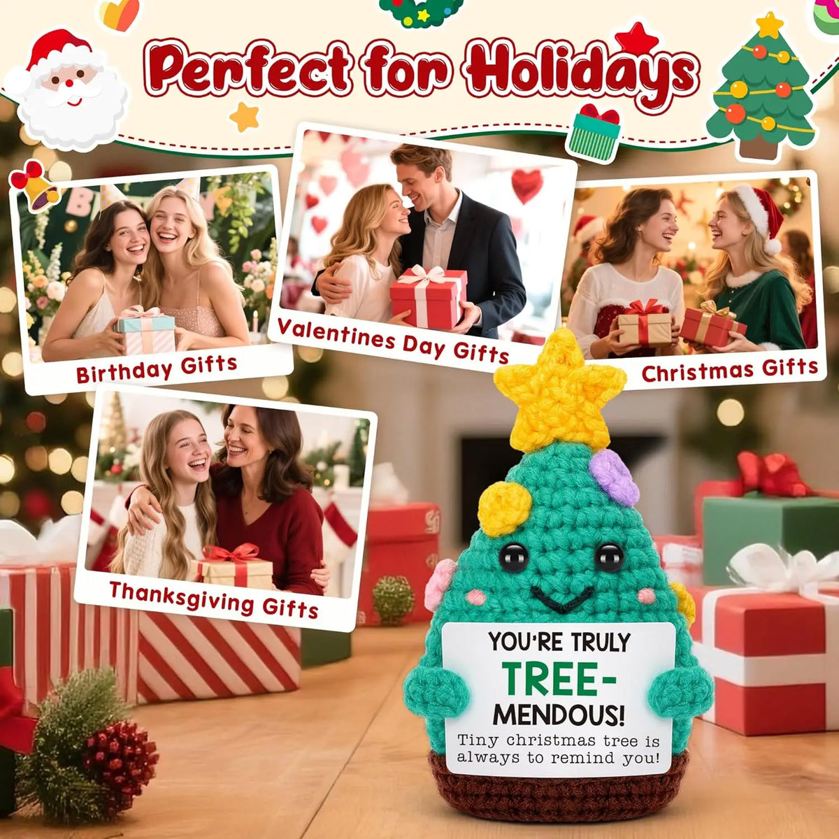 Mini Handmade USA Christmas Tree Crochet Decor Merry Inspirational Cheer Up Gifts for Sister Friends Mom Grandma Christmas Gifts