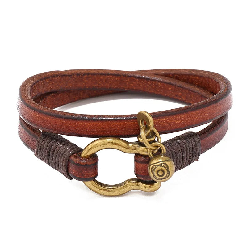 New Arrivals Retro Two-Loop Leather Bracelet USA Men Punk Horseshoe Buckle Wrap Bracelet Creative Jewelry Gift