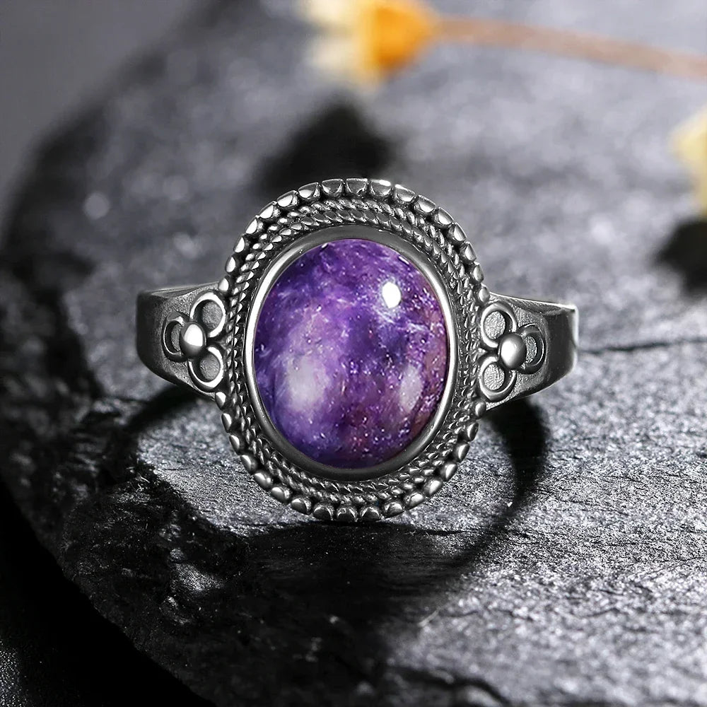 USA Sterling Silver 925 Vintage Rings Oval 8X10mm Rings Black Onyx Natural Fine Jewelry For Men Women Rhodochrosite Rings