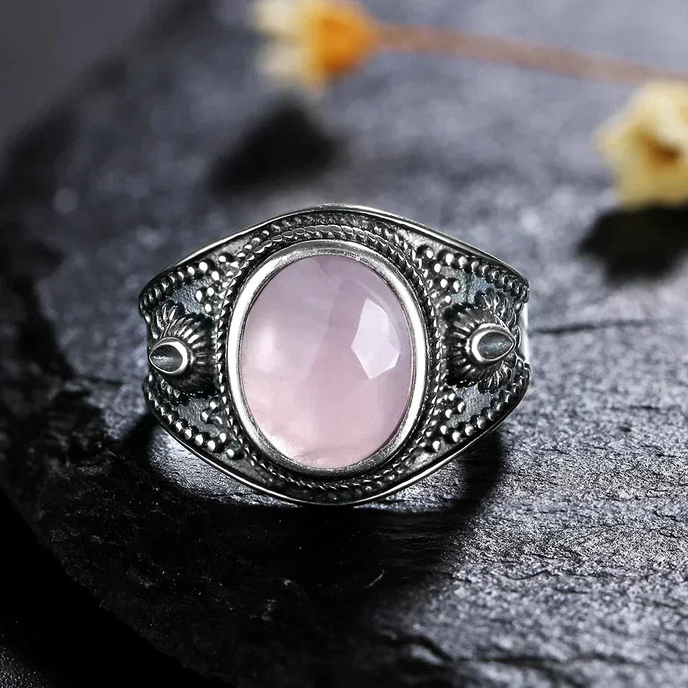 USA Sterling Silver 925 Vintage Rings Oval 8X10mm Rings Black Onyx Natural Fine Jewelry For Men Women Rhodochrosite Rings