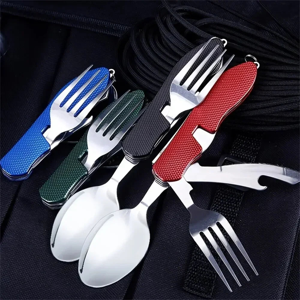 4-in-1 Foldable USA Cutlery Set, Stainless Steel Camping Utensil with Knife Fork Spoon Bottle Opener, Portable for Outdoor Travel