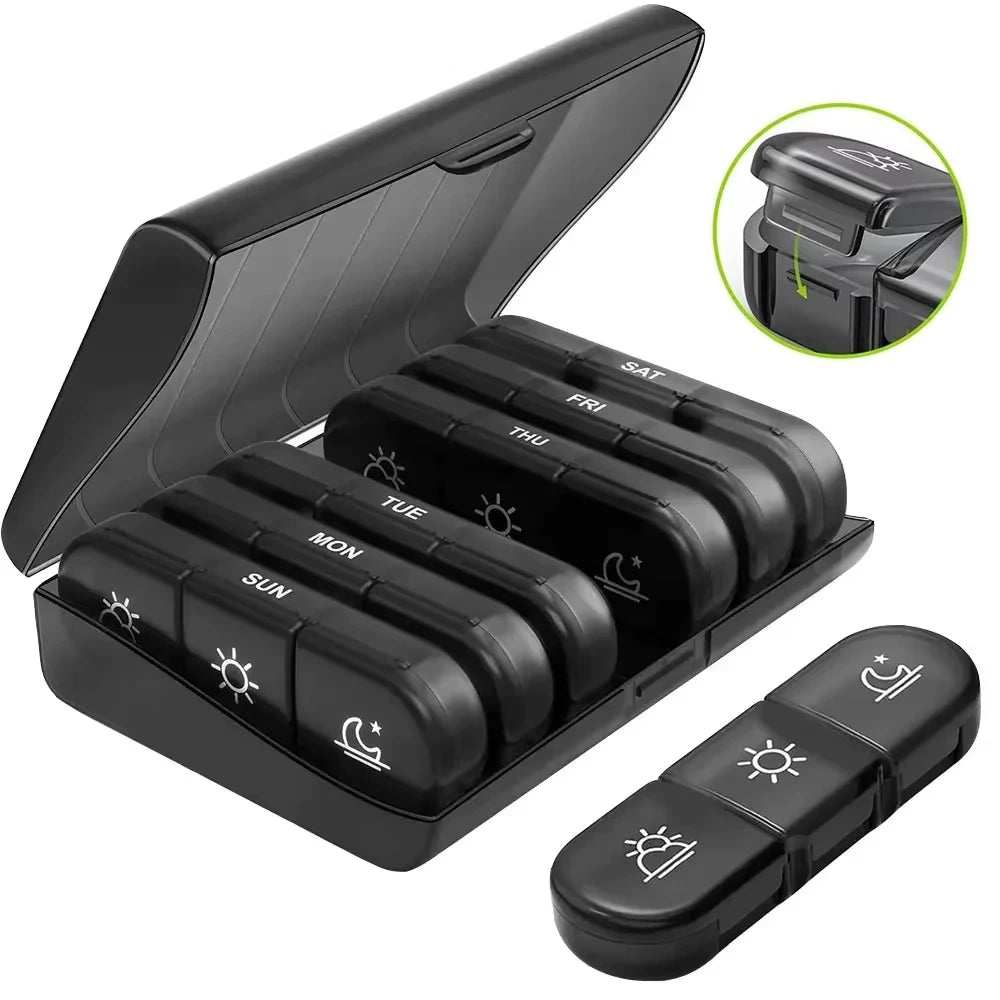 Weekly Pill Organizer USA Portable Travel Medicine Box, 21-Compartment 3-Times-a-Day Case for Vitamins, Supplements & Fish Oil