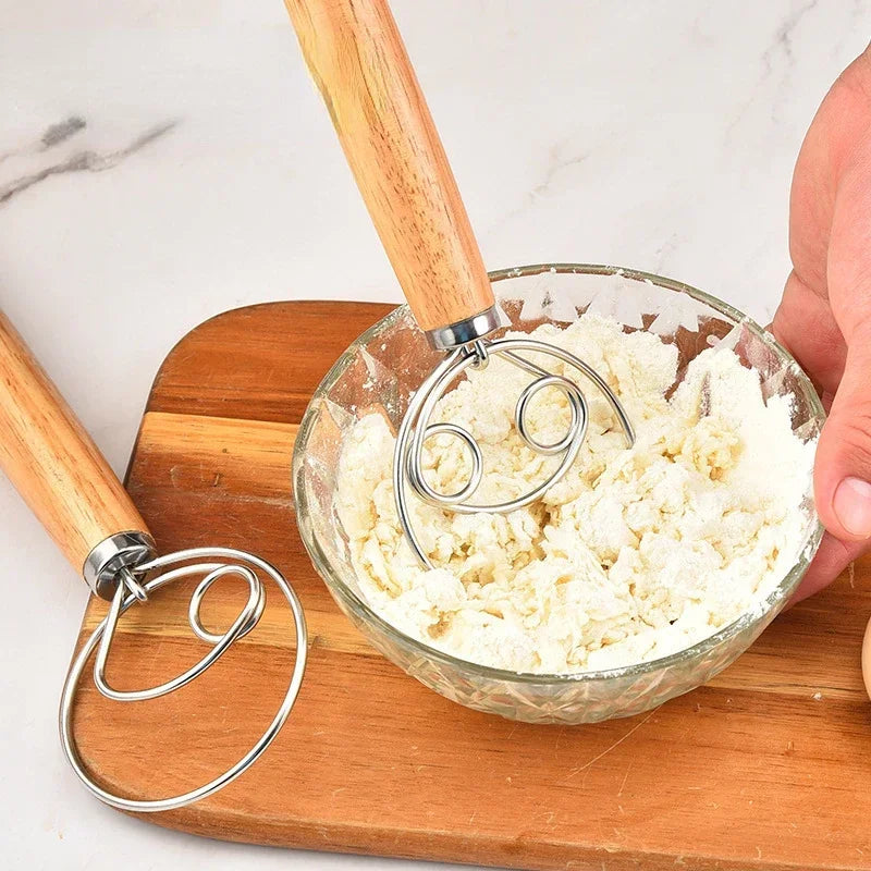 USA Cake Tools Danish Dough Whisk Stainless Steel Dutch Bread Dough Hand Mixer Wooden Handle Kitchen Baking Tools Artisian Blender