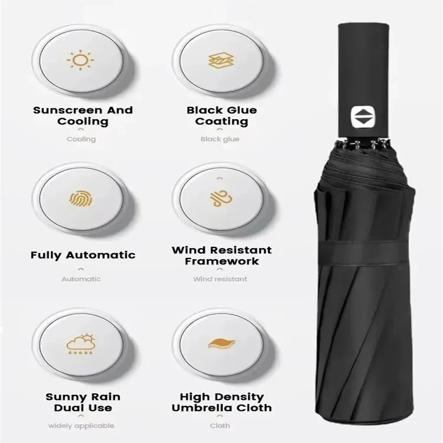 12 Bone Black Glue Fully Automatic Umbrella Canada Thick Durable Three-Fold Folding Umbrella UV Resistant