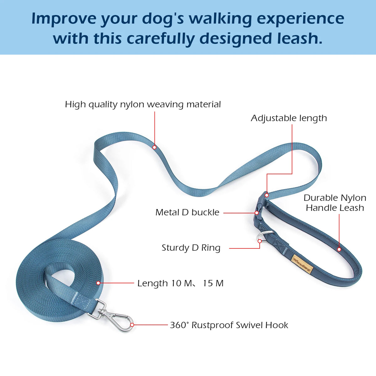 Hands-Free Long Dog Leash USA Adjustable Waist & Crossbody Lead for Walking, Running & Training, 3M/5M Leash for Small, Medium & Large Dogs