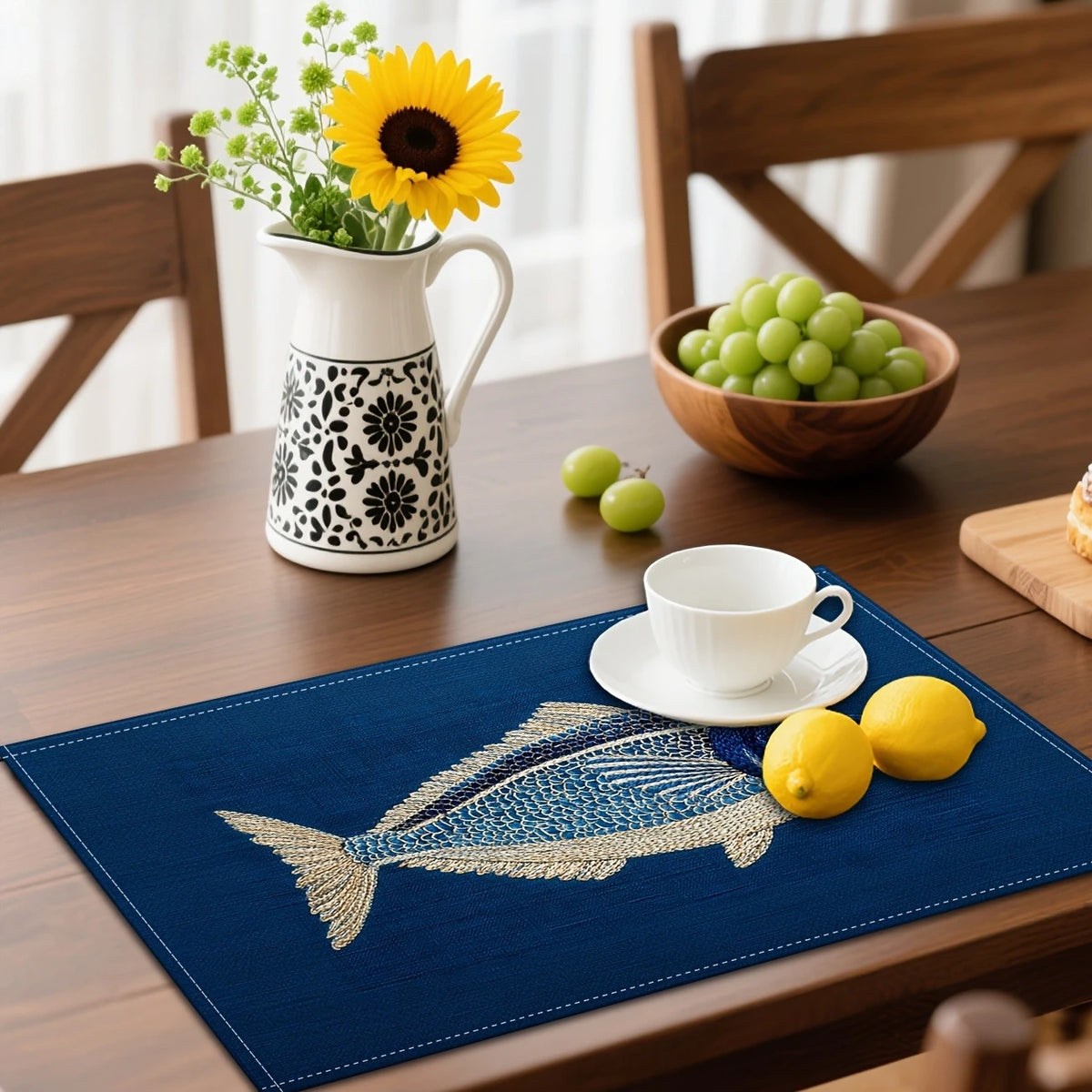 Modern Art Placemats USA 2D Flat Fish Pattern Embroidery-Style Blue Linen Table Mats for Kitchen Table Decor