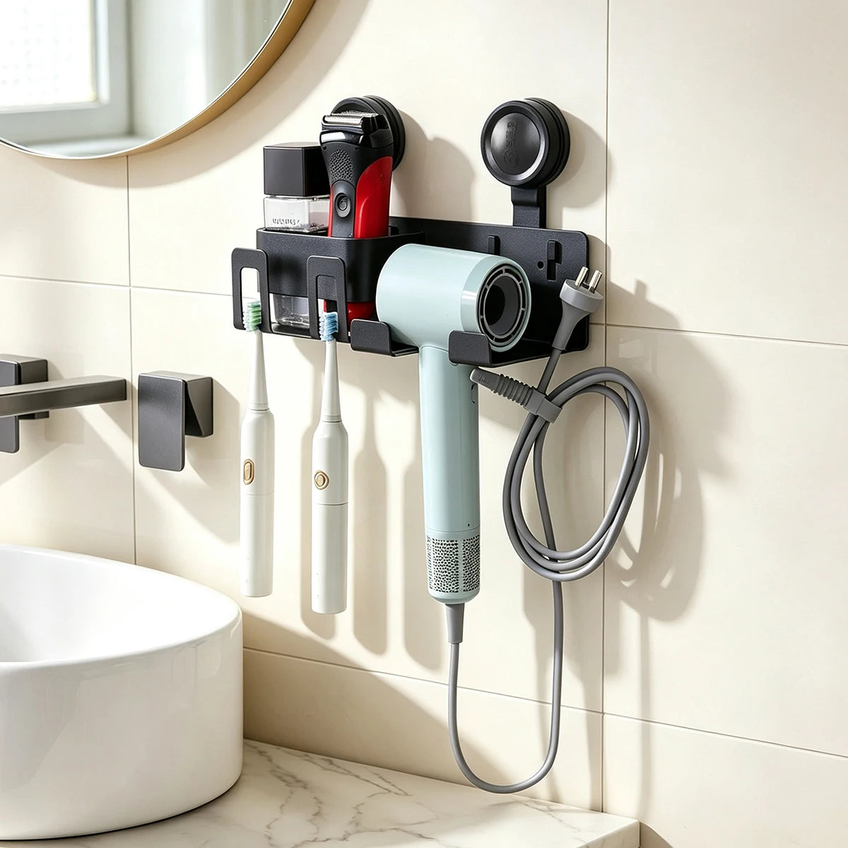 Wall-Mounted Suction Cup Hair Dryer Stand USA with Toothbrush Holder, No-Drill Bathroom Storage Rack & Organizer