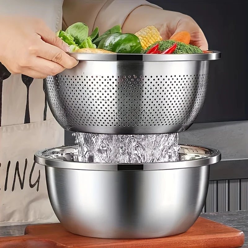 2pcs Stainless Steel Colander Set - USA Vegetable Fruit Pasta Strainer, Large Heavy Duty Filter Bowl