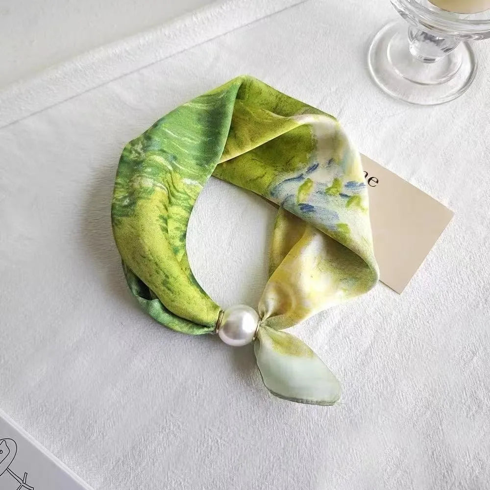 New Pearl Buckle Silk Scarf Canada Printed Thin Neck Scarf Lightweight Soft Neckerchief for Women