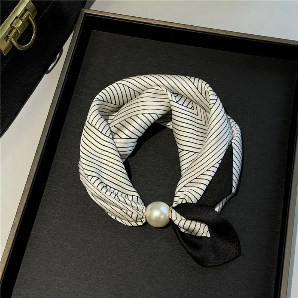 New Pearl Buckle Silk Scarf Canada Printed Thin Neck Scarf Lightweight Soft Neckerchief for Women