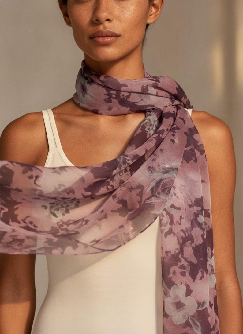 Luxury Silk Scarf, Hand Painted Mauve Floral Wrap, Vintage Rose Womens Scarf Gift, Lightweight Elegant Scarf for Her