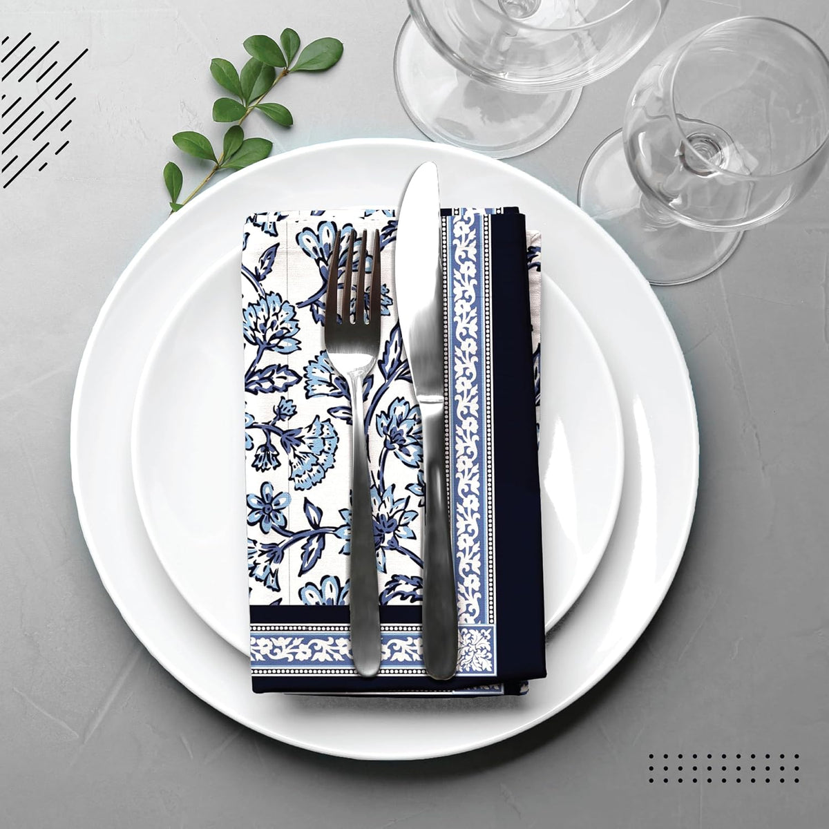 Block Printed Cotton Canvas Napkins Hand Print Set of 6pcs - Ammpoure