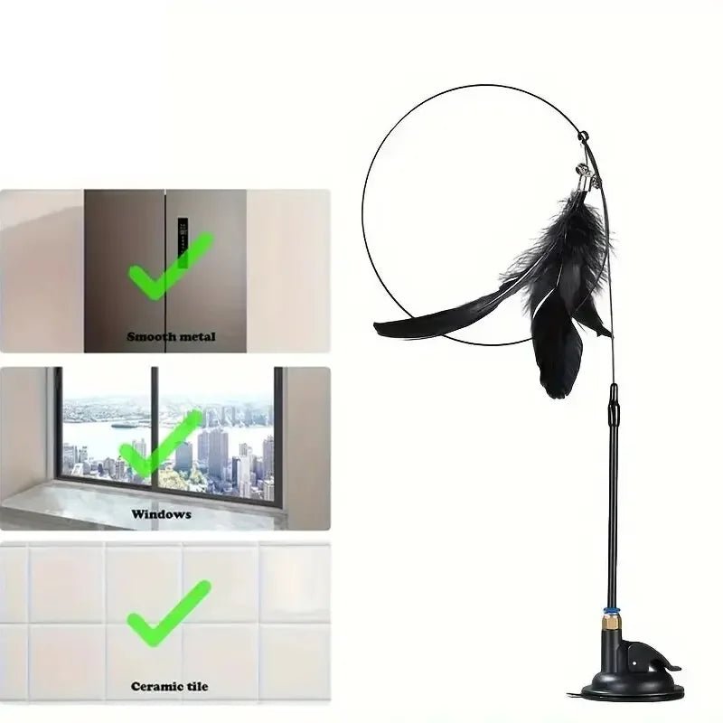 Cat Teaser Toy - USA Interactive Bell & Feather Wand - Long Suction Cup Pole for Exciting Playtime Adventures - Ultimate Cat Toy - Ammpoure