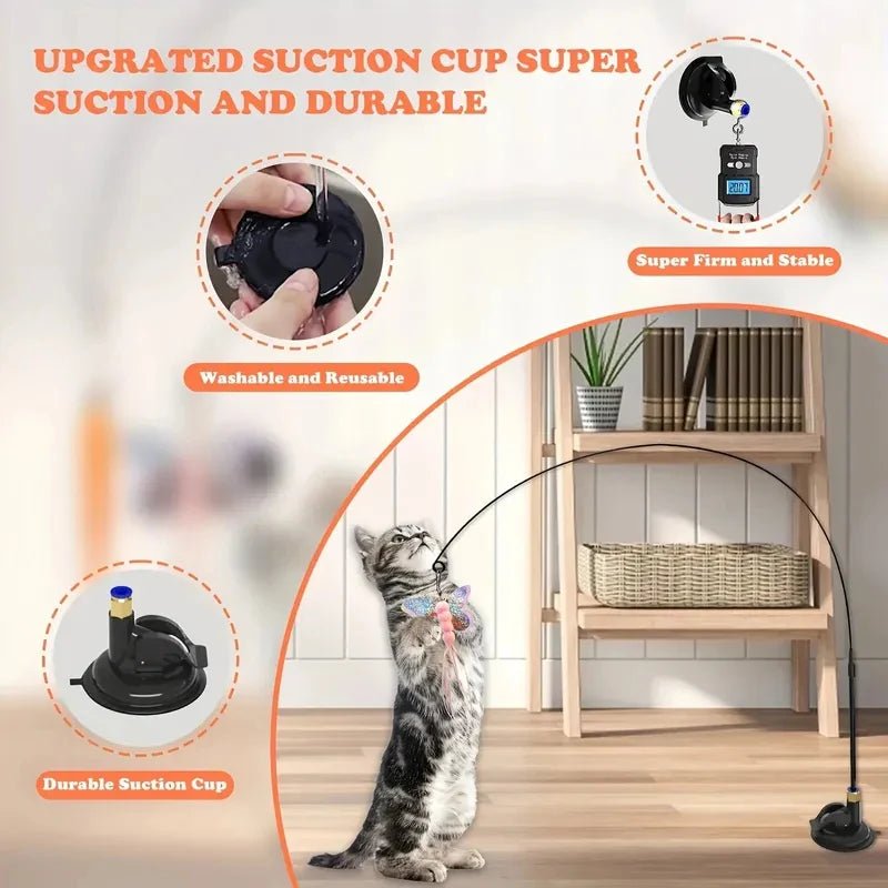 Cat Teaser Toy - USA Interactive Bell & Feather Wand - Long Suction Cup Pole for Exciting Playtime Adventures - Ultimate Cat Toy - Ammpoure