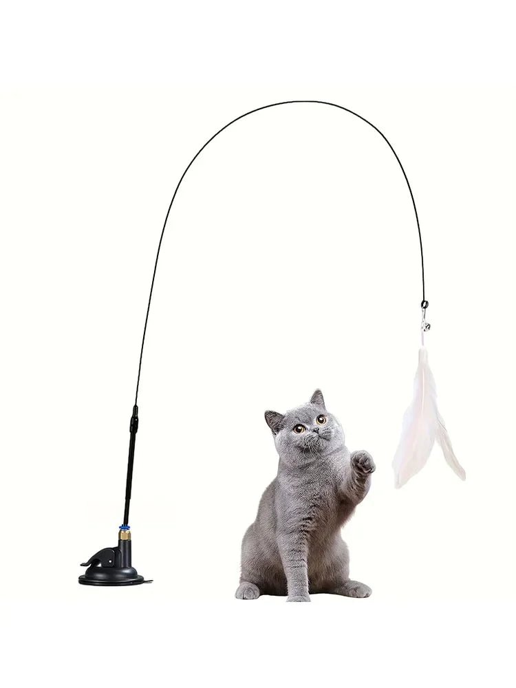 Cat Teaser Toy - USA Interactive Bell & Feather Wand - Long Suction Cup Pole for Exciting Playtime Adventures - Ultimate Cat Toy - Ammpoure