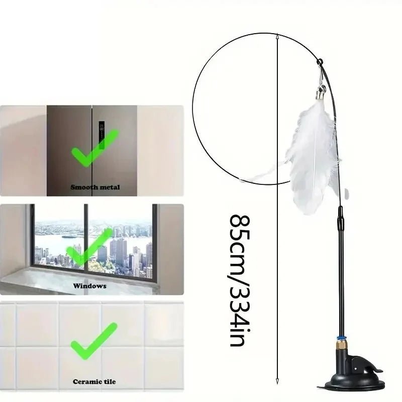 Cat Teaser Toy - USA Interactive Bell & Feather Wand - Long Suction Cup Pole for Exciting Playtime Adventures - Ultimate Cat Toy - Ammpoure