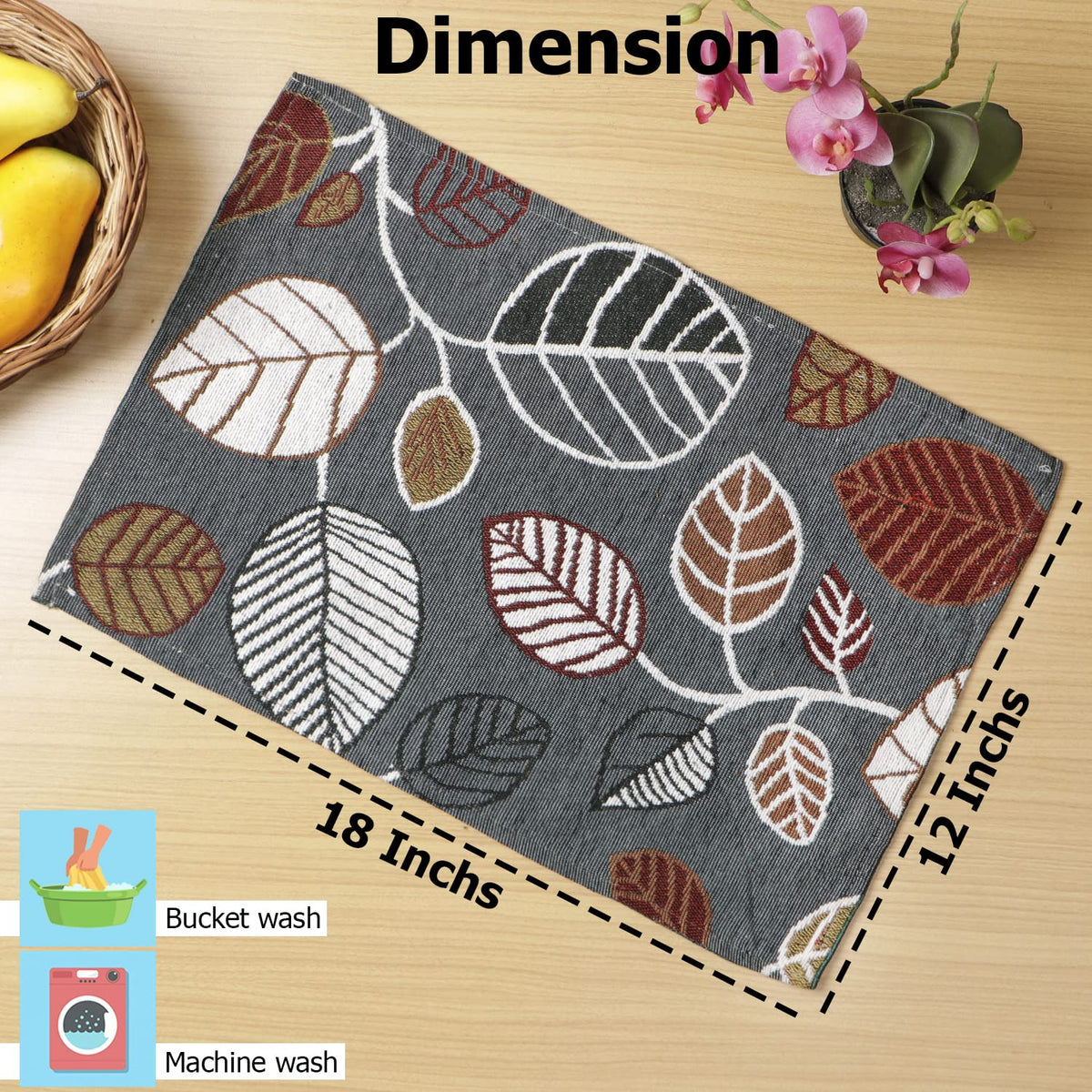 Cotton Jacquard Dinner Table Placemats Set of 4 (31 x 46 cm) Grey Leaves - Ammpoure