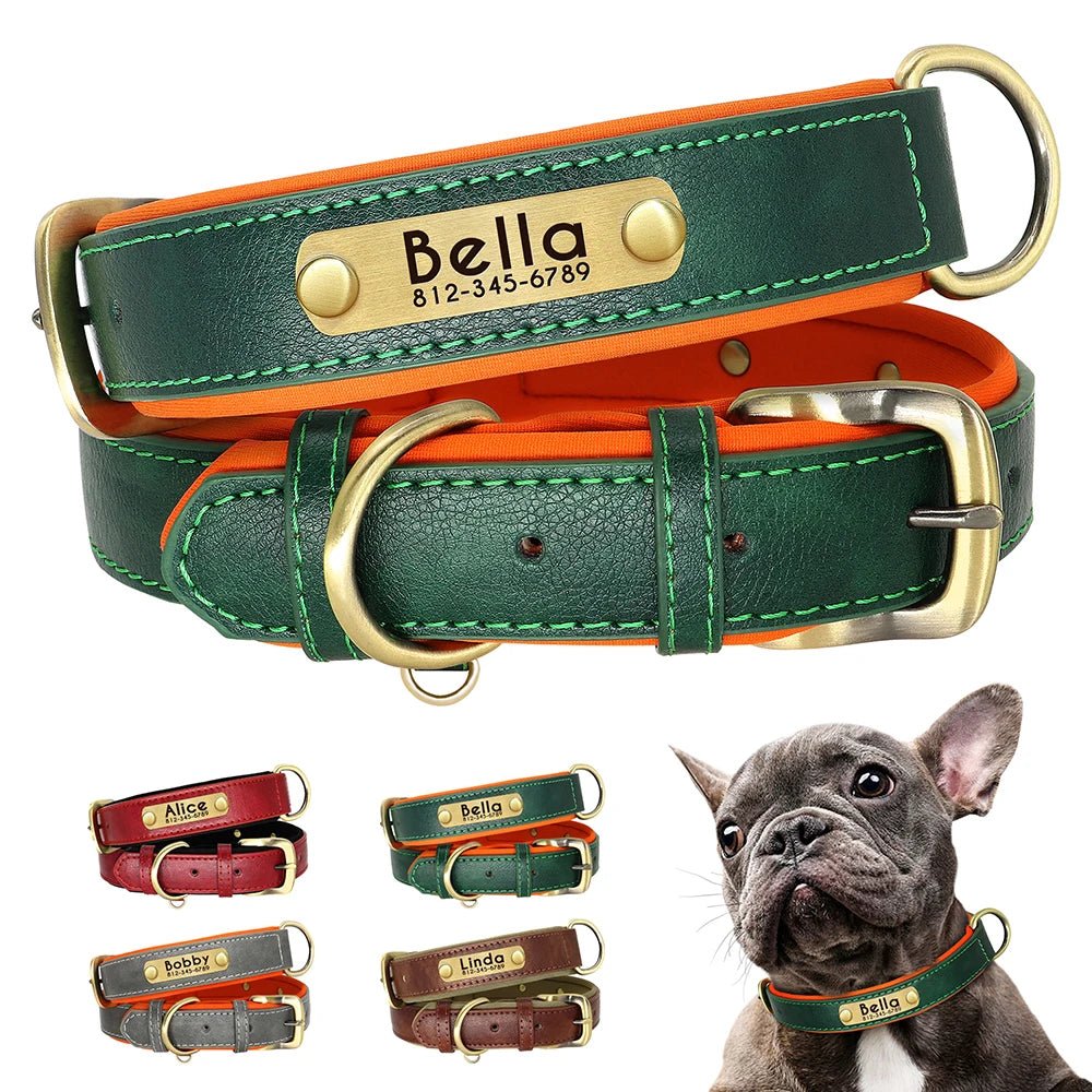 Customized PU Leather Nameplate Dog Collar Soft Padded Dogs Collars Free Engraving Name for Small Medium Large Dogs Adjustable - Ammpoure