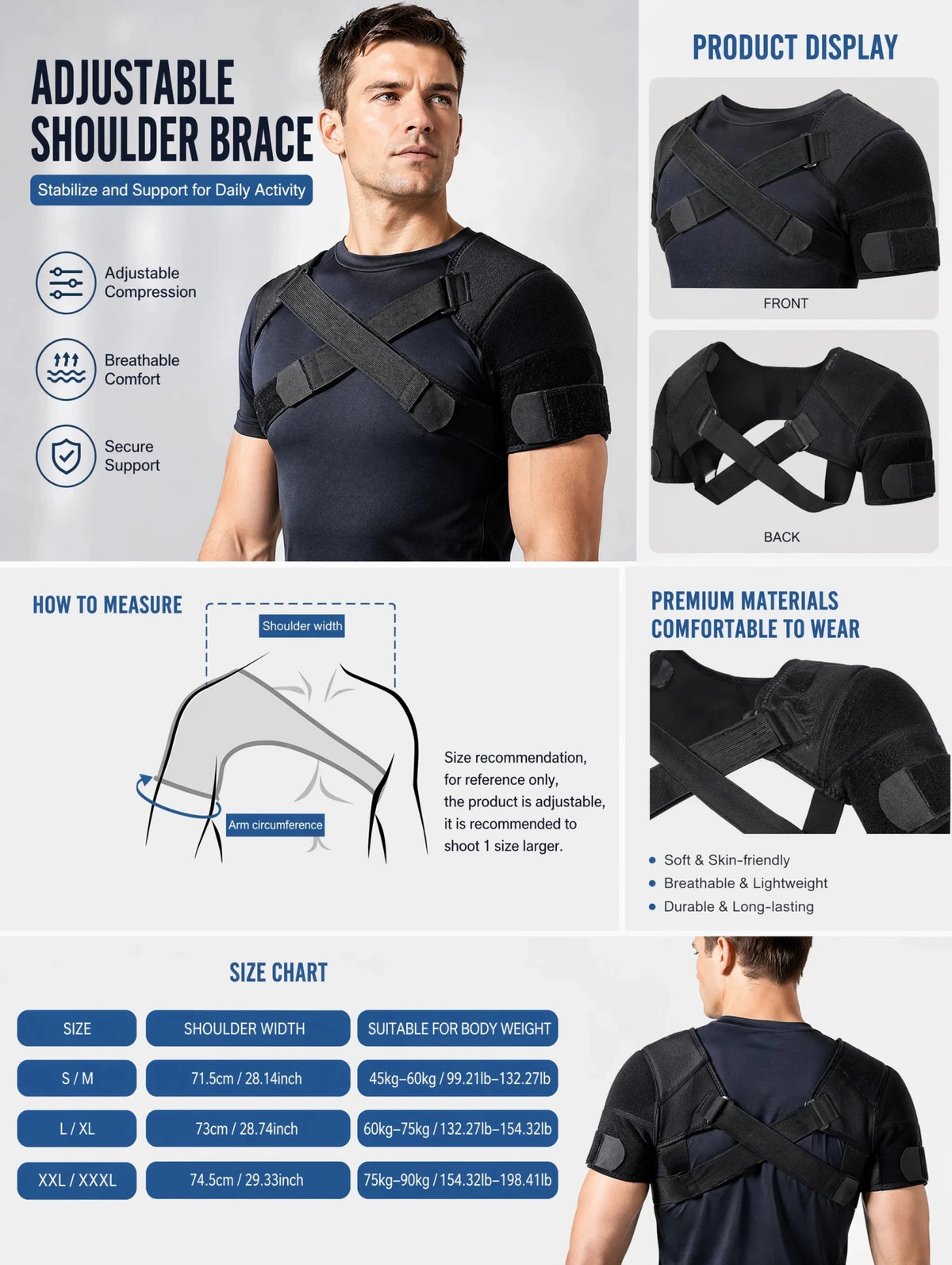 Double Shoulder Brace Adjustable Breathable Neoprene Compression Support Cross Strap for Men Women Sports Injury Pain Relief - Ammpoure