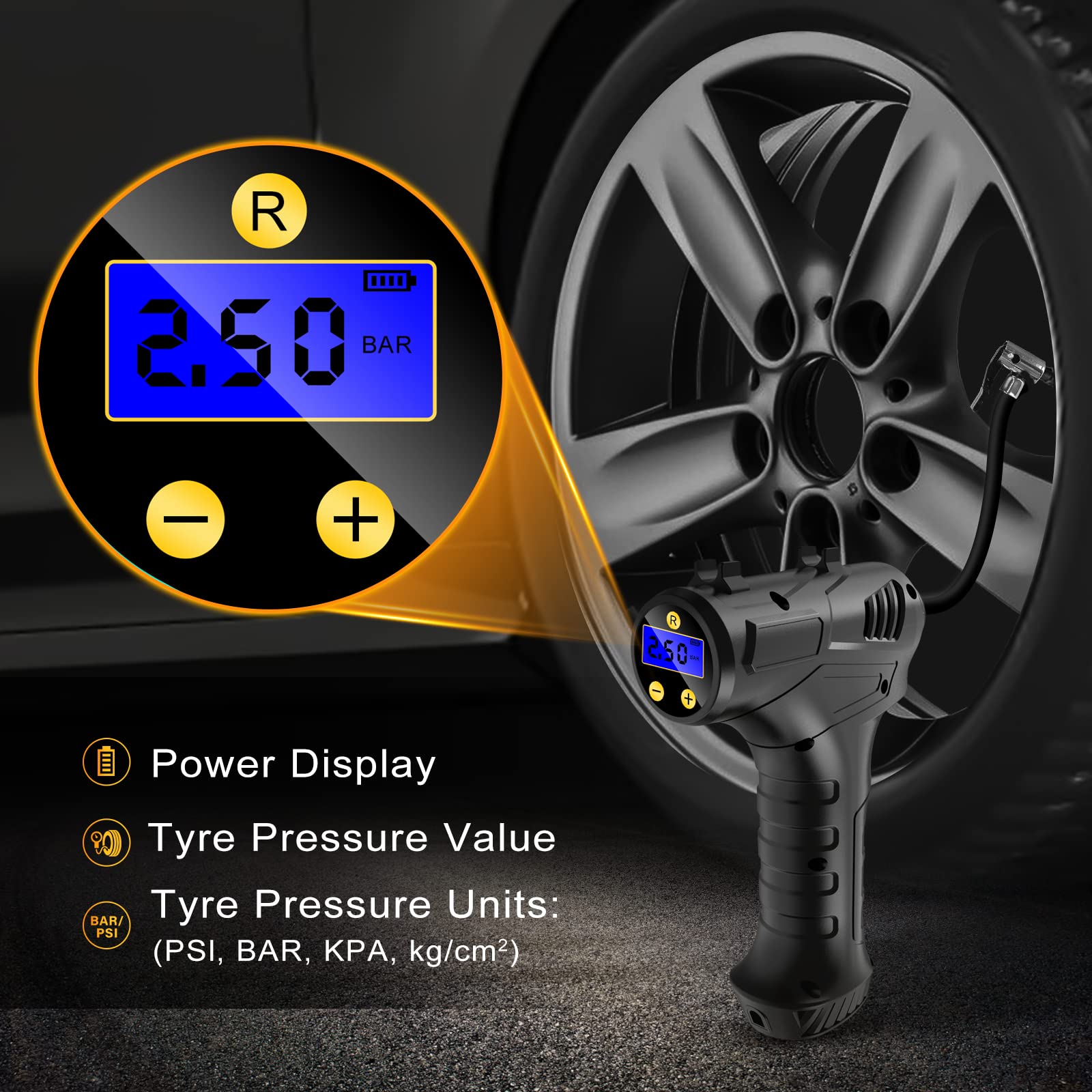 etship Cordless Tyre Inflator Air Compressor, 12V USB Rechargeable Battery 150PSI Portable, Electric Digital Tyre Pump with LED Light and 4 Nozzle Adaptors for Car Motorcycle Bicycle - Ammpoure Wellbeing