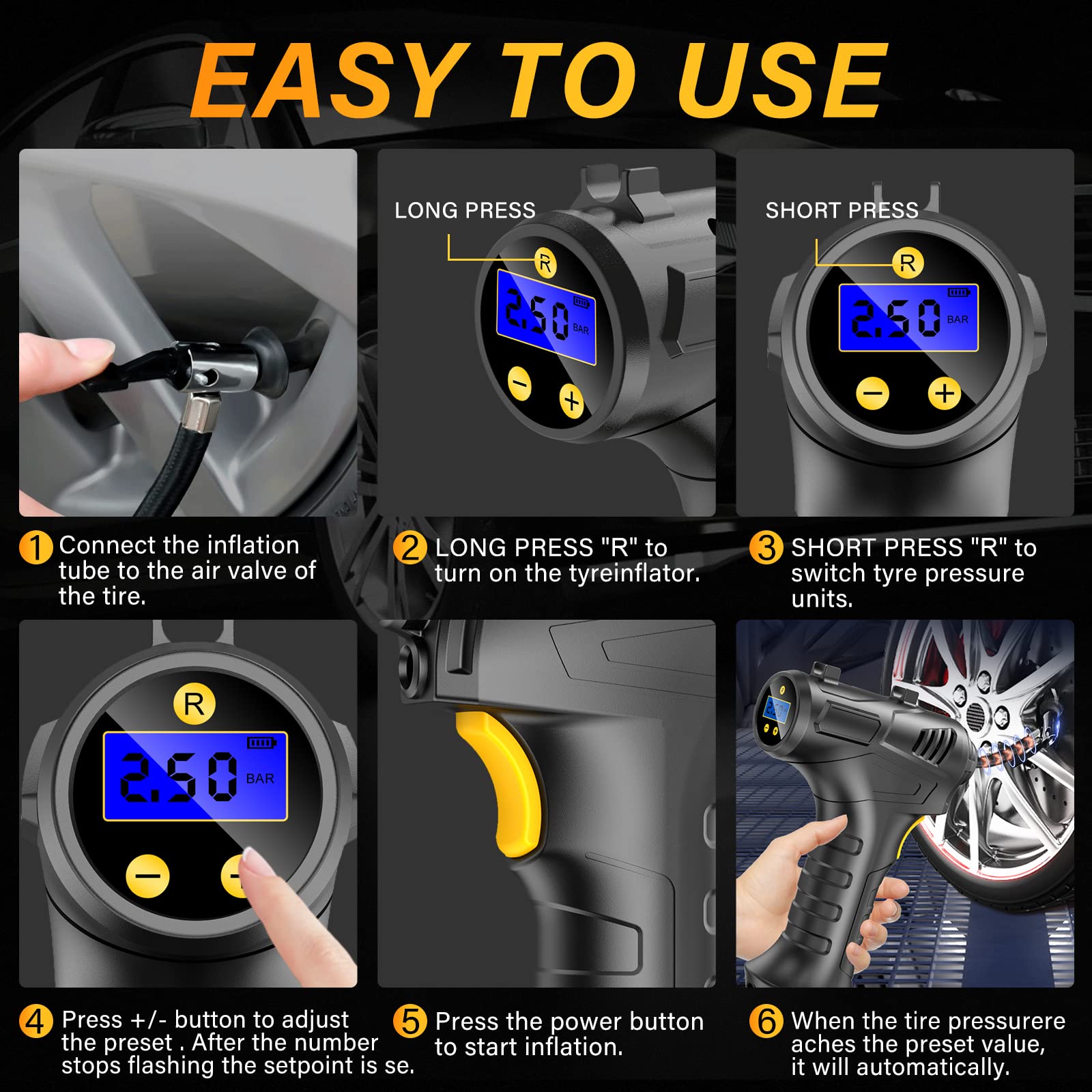 etship Cordless Tyre Inflator Air Compressor, 12V USB Rechargeable Battery 150PSI Portable, Electric Digital Tyre Pump with LED Light and 4 Nozzle Adaptors for Car Motorcycle Bicycle - Ammpoure Wellbeing