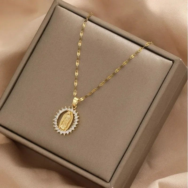 Fashion and Gorgeous Women's All Sky Star Micro Inlaid Colorful Zircon Virgin Mary Hollow Necklace - Ammpoure