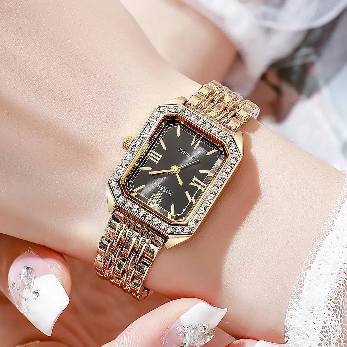 Fashion Rectangle Women Watches Ladies Rhinestone Quartz Watch Bracelet Strap Wristwatch Reloj Mujer（Without Box） - Ammpoure