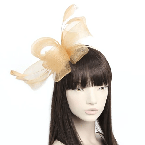 Gold Looped Net & Feather Fascinator Headband for Weddings & Races - Ammpoure