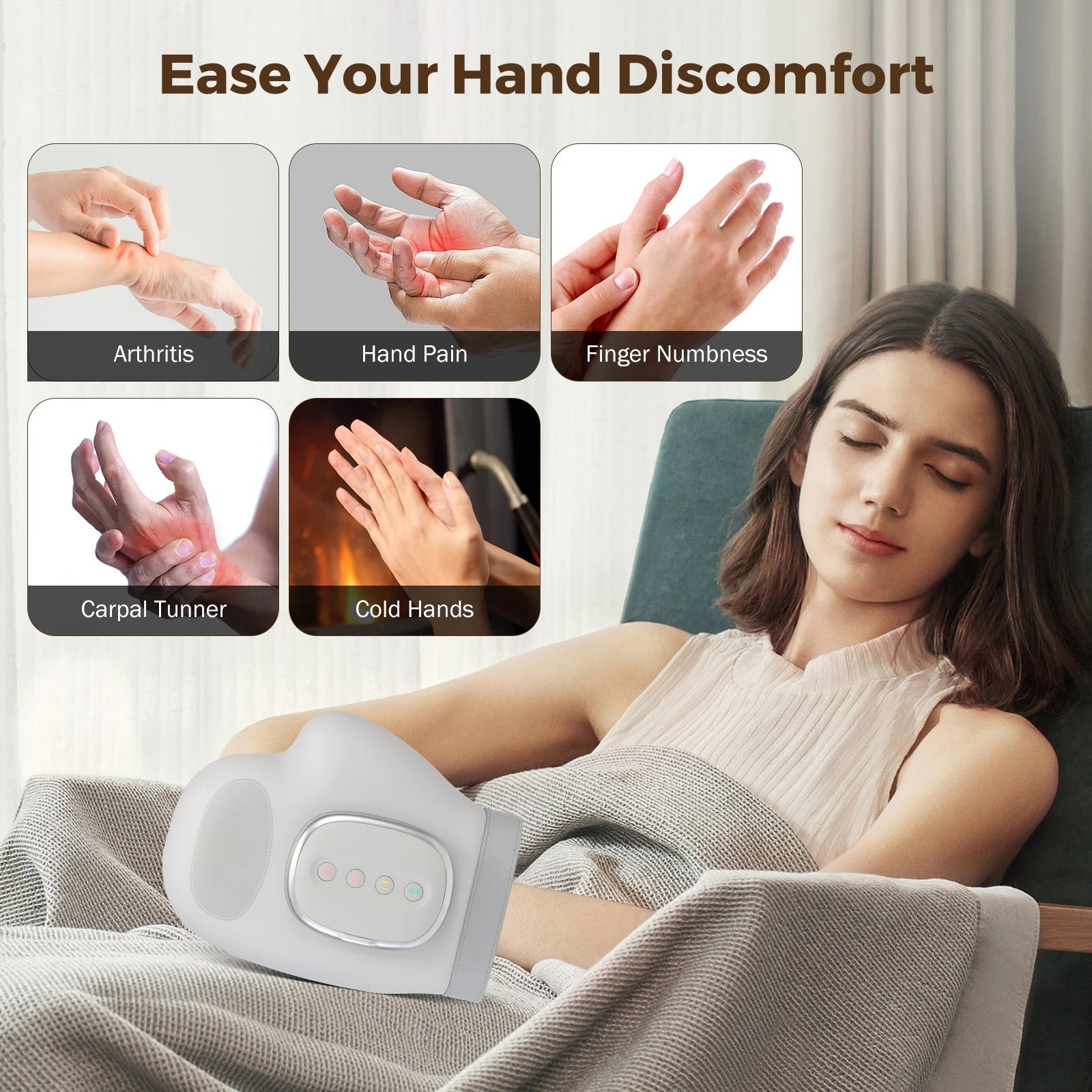 Hand Massager Heat Airbag Compression Carpal Tunnel Wrist Finger Palm Kneading Massage Device Electric Vibration Gloves Relax - Ammpoure