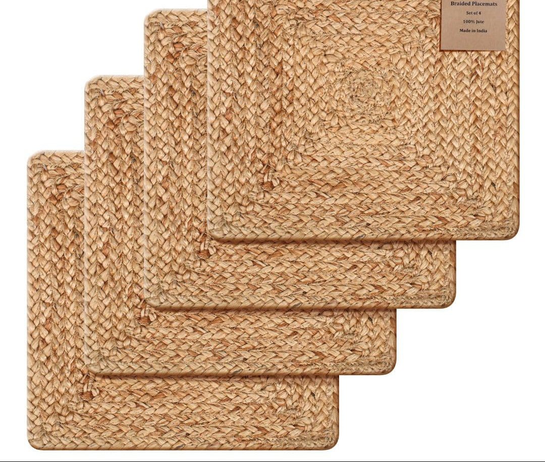 Jute Braided Placemats Set of 4-100% Jute Nonslip 35.6L x 35.6W CM Square Farmhouse Vintage Jute Placemats for Dining Table - Perfect for Indoor Outdoor Natural Jute Placemats - Ammpoure