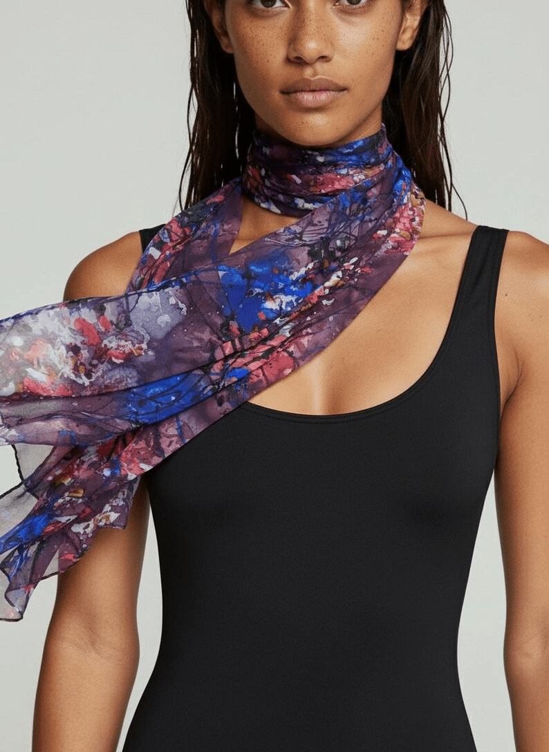 Luxury Silk Scarf, Hand Painted Abstract Art Wrap, Plum Blue Coral Womens Scarf Gift, Statement Lightweight Scarf for Her - Ammpoure