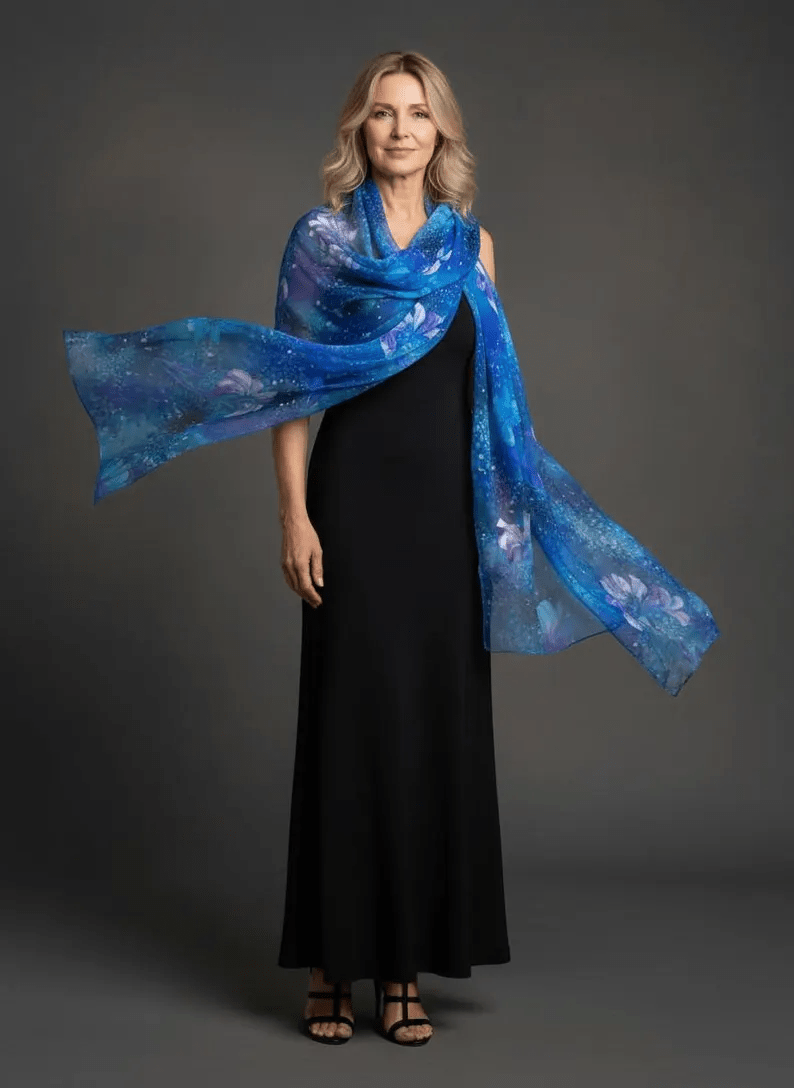 Luxury Silk Scarf, Hand Painted Blue Floral Wrap, Sheer Watercolour Womens Scarf Gift, Lightweight Elegant Scarf for Her - Ammpoure