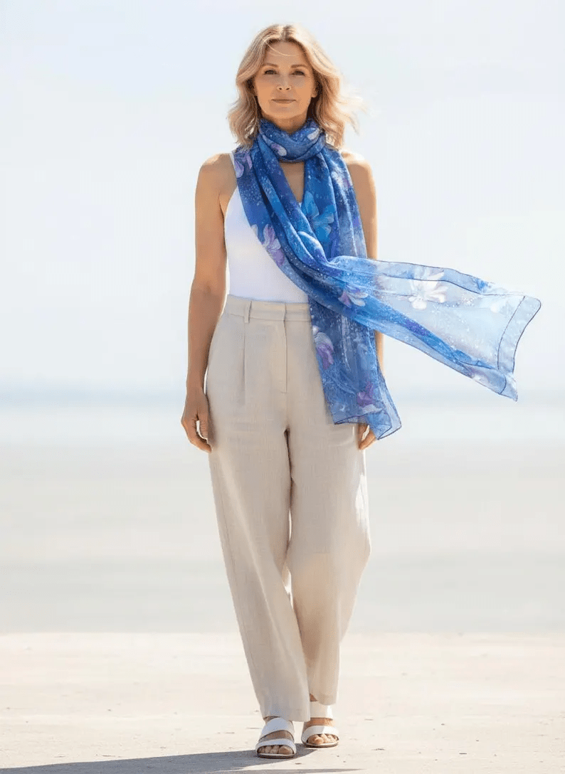 Luxury Silk Scarf, Hand Painted Blue Floral Wrap, Sheer Watercolour Womens Scarf Gift, Lightweight Elegant Scarf for Her - Ammpoure