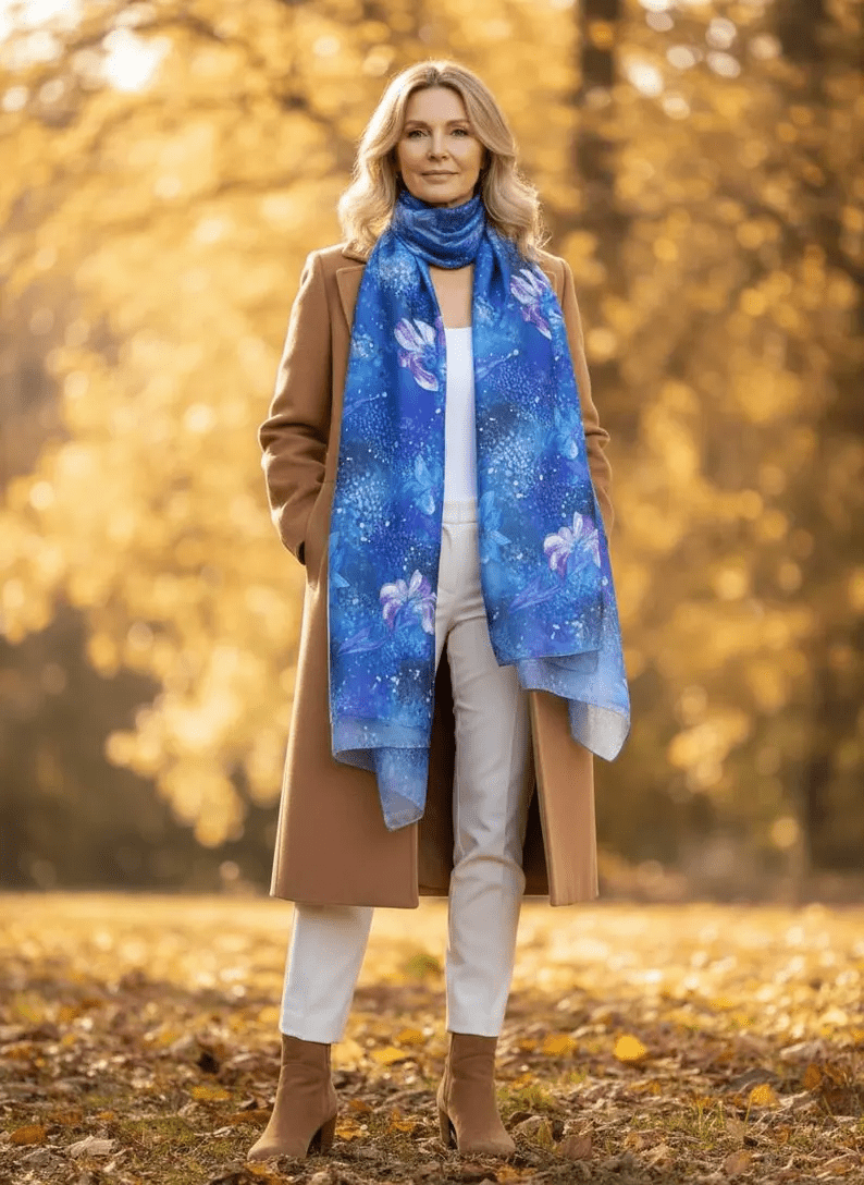 Luxury Silk Scarf, Hand Painted Blue Floral Wrap, Sheer Watercolour Womens Scarf Gift, Lightweight Elegant Scarf for Her - Ammpoure
